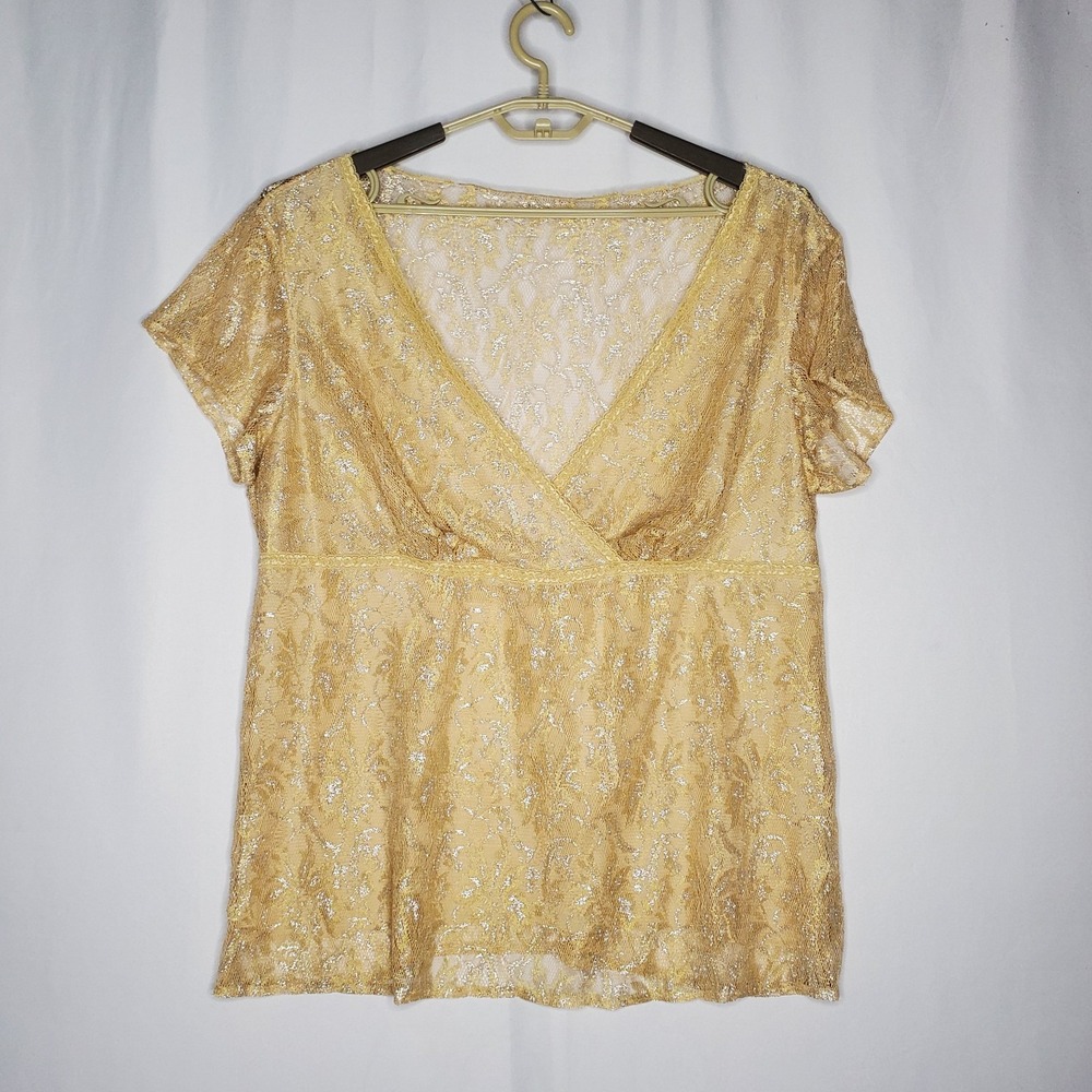 Avon Lace Empire Top Women 2X Gold Short Sleeve Vneck‎ Vtg 90s Fairycore *FLAW